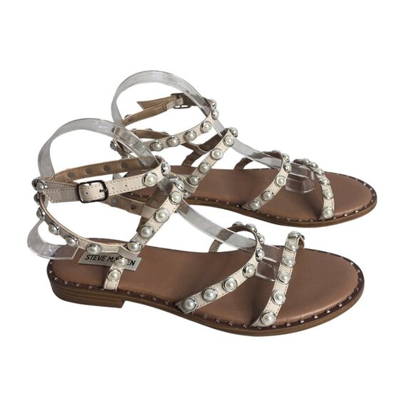 Steve Madden Sandals Womens Size 8 Travel-P Pearl Stud Gladiator Strappy Ivory - Picture 2 of 11
